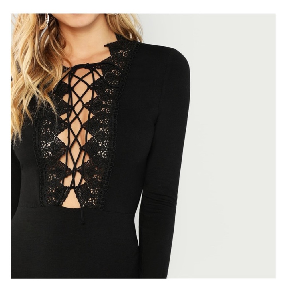 Black Long Sleeve Lace Up Body Suit